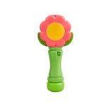 A green bubble maker with a flower design on top, intended for creating bubbles at parties.