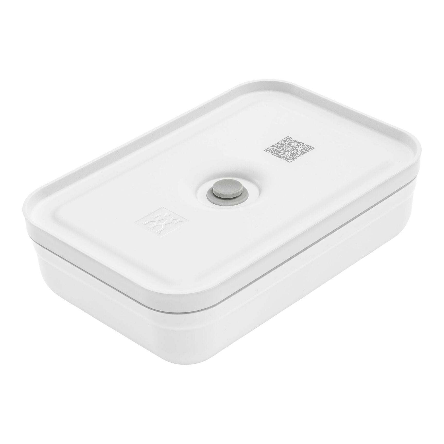 A white vacuum-sealed lunch box made of plastic with a visible brand logo on the lid.