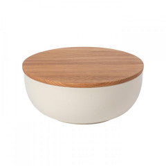 white serving bowl w wood lid