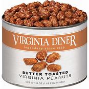 A can of Virginia Diner brand butter toasted peanuts. The can is silver with a clear label displaying the product name and branding.