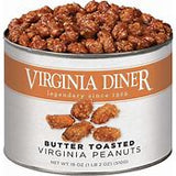 A can of Virginia Diner brand butter toasted peanuts. The can is silver with a clear label displaying the product name and branding.