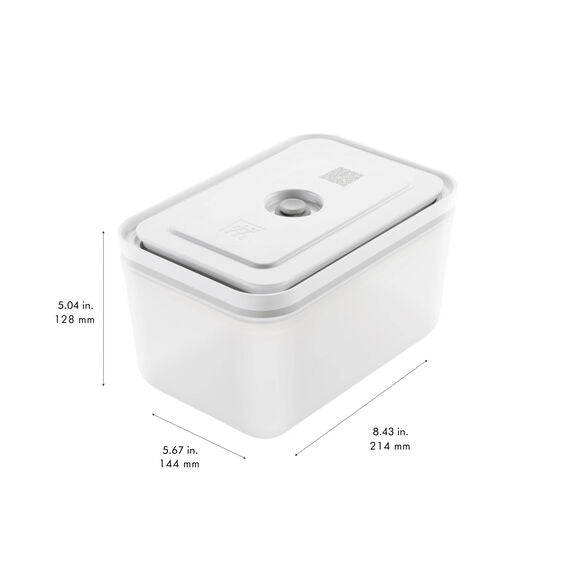 A white vacuum plastic food saver container with dimensions labeled, indicating 5.67 inches in diameter and 12.