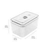 A white vacuum plastic food saver container with dimensions labeled, indicating 5.67 inches in diameter and 12.