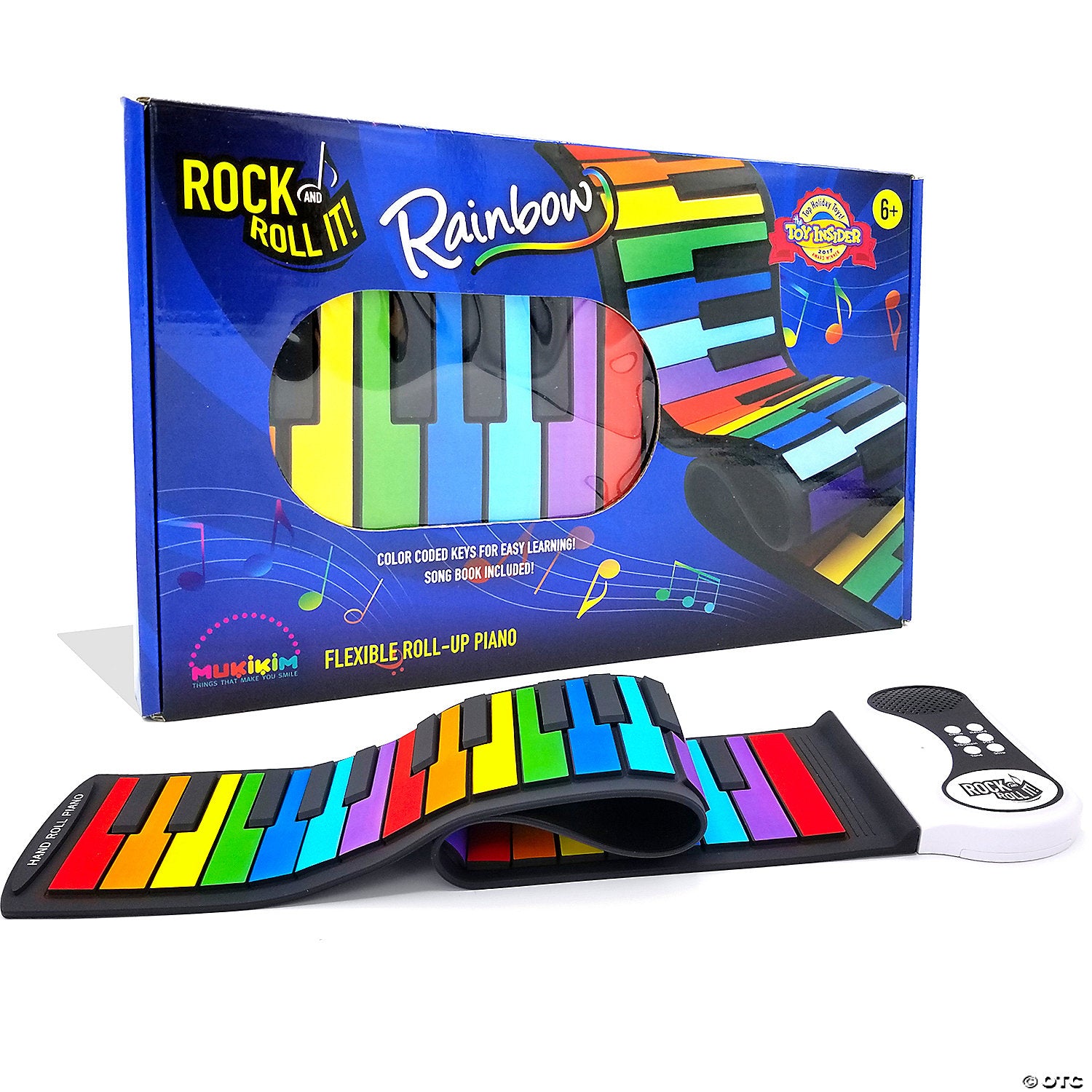 A colorful, portable, electronic piano roller for kids, called 'Rock & Roll It- Piano Rainbow', displayed next to its packaging box.