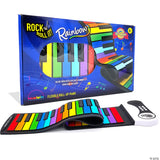 A colorful, portable, electronic piano roller for kids, called 'Rock & Roll It- Piano Rainbow', displayed next to its packaging box.