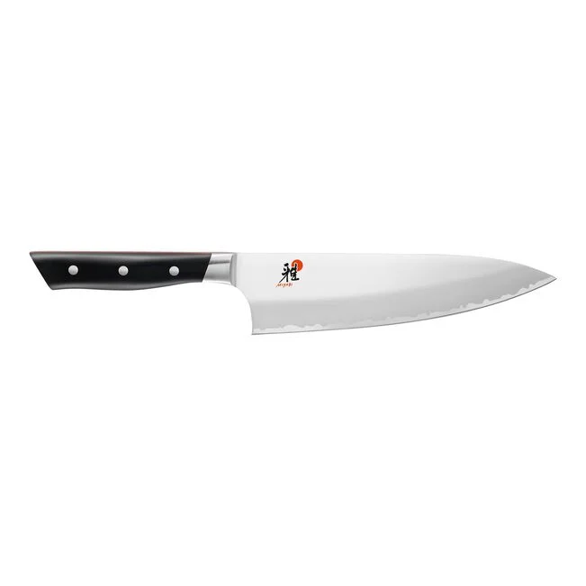 A 8 inch MIYABI chef's knife with a silver blade and black handle with red accents.