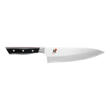 A 8 inch MIYABI chef's knife with a silver blade and black handle with red accents.