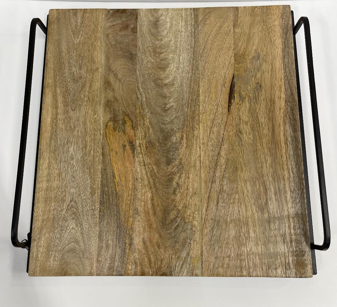 A wooden serving tray with black metal handles.