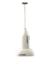 A white AEROLATTE milk frother with a stand, featuring a single button on the handle and a swirling frothing tip.
