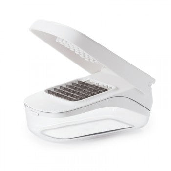 A white OXO vegetable chopper with a stainless steel blade and easy pour feature.