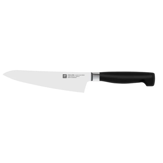 A compact ZWILLING FOUR STAR chef's knife with a black polypropylene handle and a serrated edge.