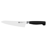 A compact ZWILLING FOUR STAR chef's knife with a black polypropylene handle and a serrated edge.