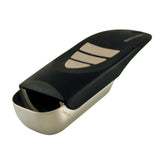 A black and silver adjustable half-cup scoop with a metallic surface and a plastic handle.