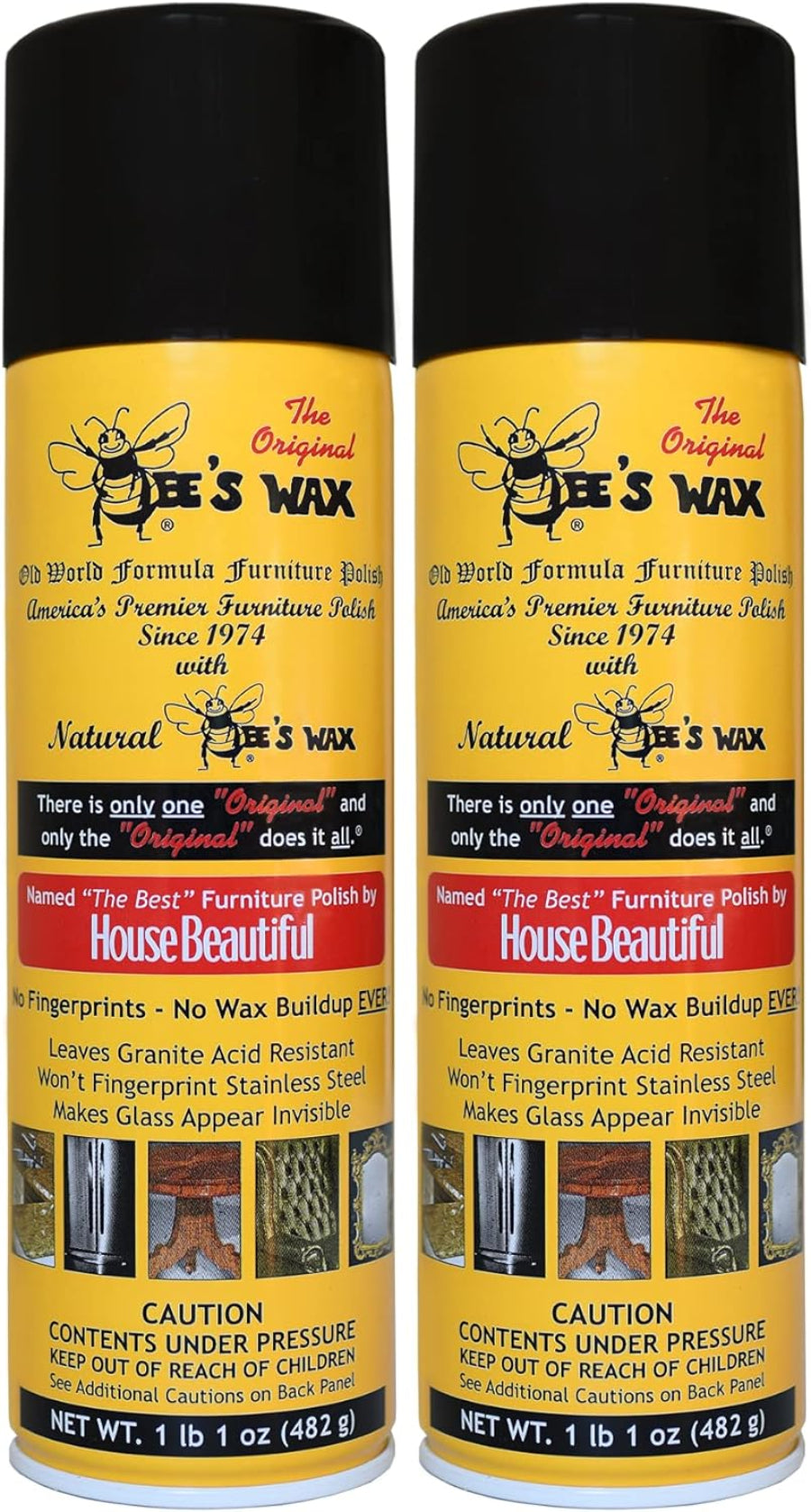Two cans of Bees Wax furniture polish with labels detailing the natural wax formula and its uses on various surfaces.
