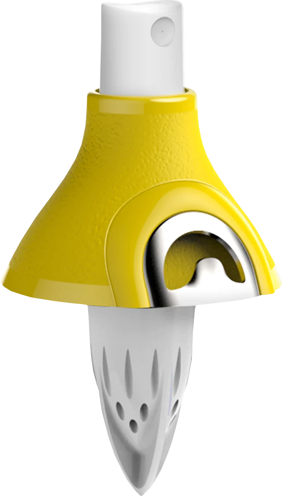 A yellow and white citrus-flavored spritzer bottle with a spray nozzle.