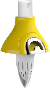 A yellow and white citrus-flavored spritzer bottle with a spray nozzle.